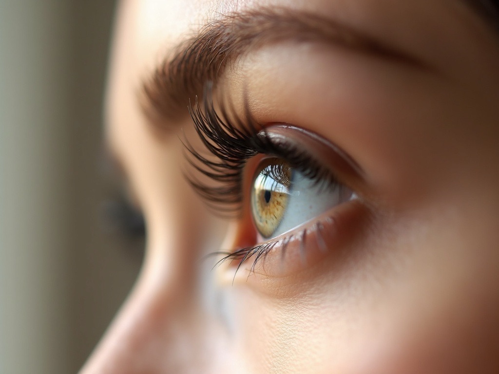 Close-up of long, natural-looking lash extensions on a client's eye in soft natural light
