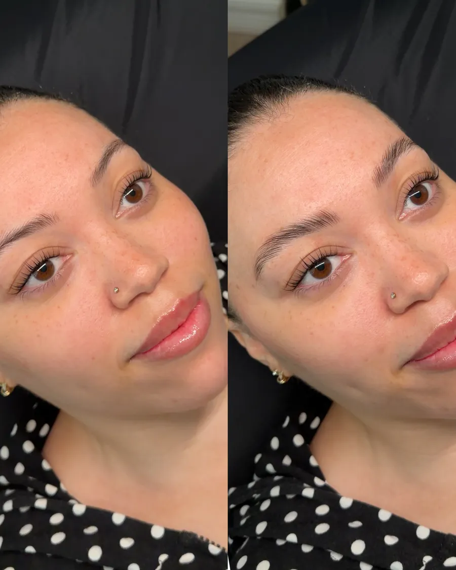 Brow Lamination + Sculpt before and after, side by side: natural brows, then fuller, brushed-up, sculpted brows