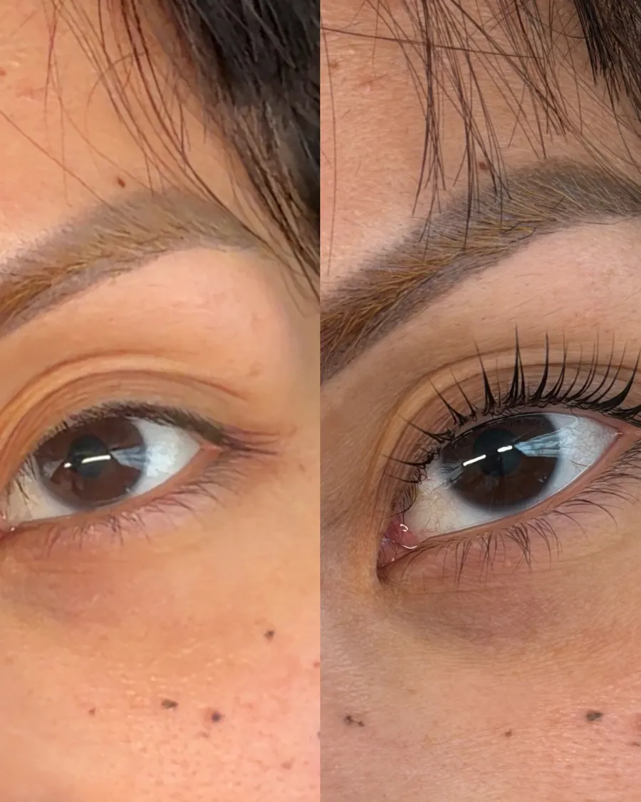 Korean Lash Lift + Tint before and after, side by side: straight natural lashes, then lifted, tinted lashes